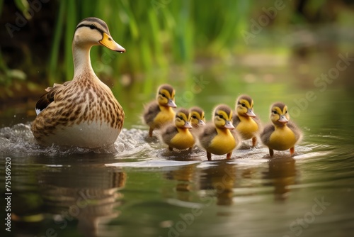 A mother duck leading her ducklings across a pond, A mother duck leads her ducklings across a pond, AI generated © Tanu