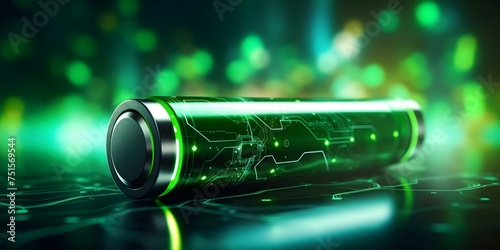 A vibrant green futuristic battery with glowing energy representing advanced electric vehicle technology. Concept Electric Vehicle Technology, Futuristic Battery, Glowing Energy, Green Innovation