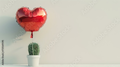 Love and nature concept. red heart balloon floating above cactus in white pot. simple composition with copy space. AI