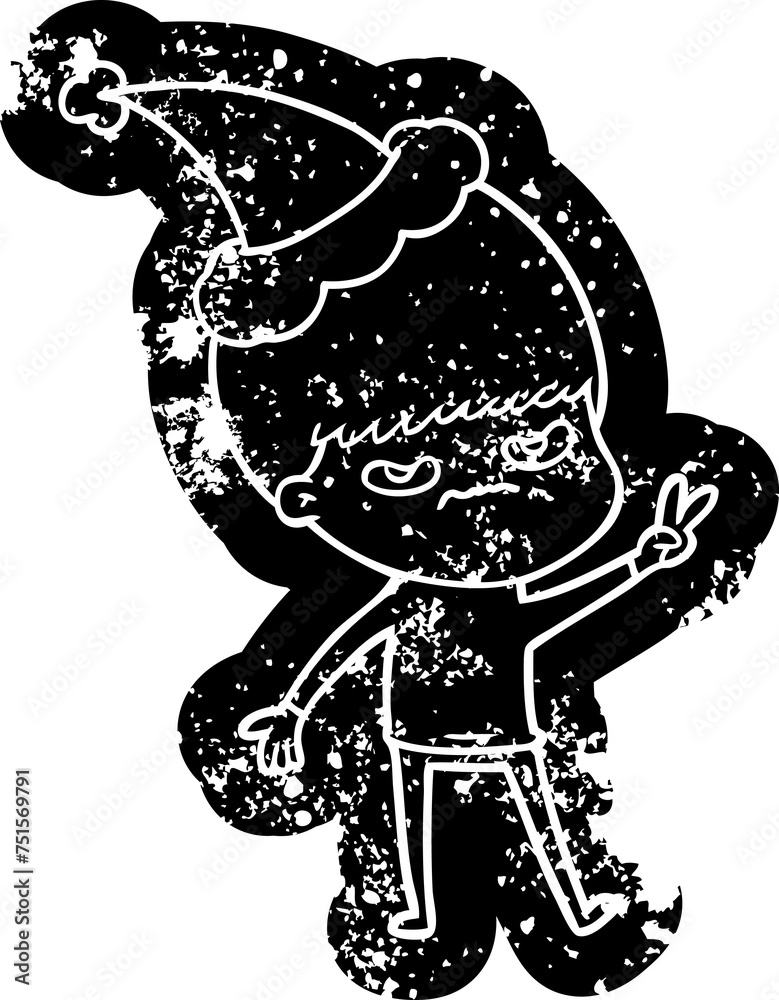 Fototapeta premium annoyed cartoon distressed icon of a boy wearing santa hat