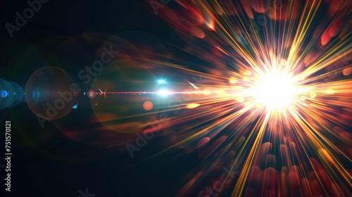 Abstract sun burst, digital flare, iridescent glare, lens flare effects over black background for overlay designs photo