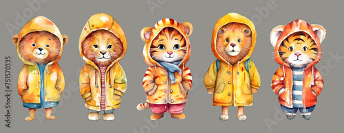 Set of funny animals: lion, tiger and bear. Cute animals watercolor illustration.	