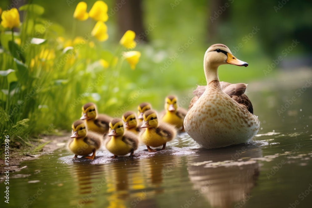 A mother duck leading her ducklings, Ai generated