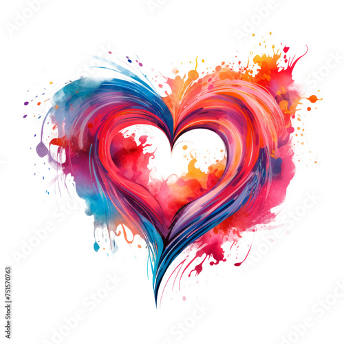 A heart with a splash of colors and a splash of watercolor Isolated on transparent background, PNG