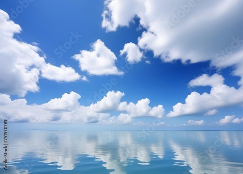 blue sky with white cloud background  the clouds and sky reflect on the calm sea surface