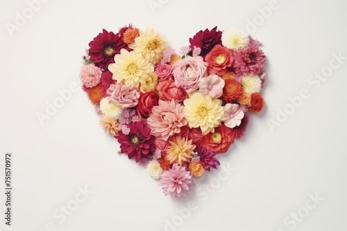 Vibrant heart shape arrangement of assorted flowers on white background, depicting affection and joy.