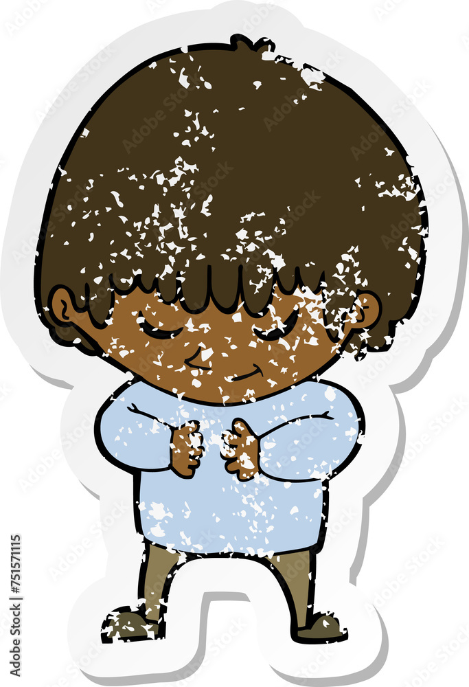 retro distressed sticker of a cartoon shy boy retro distressed sticker of a cartoon shy boy