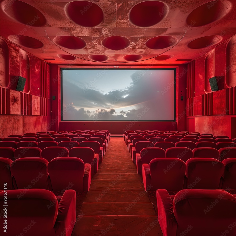 Fototapeta premium Empty red movie theater seats facing a large screen displaying clouds. conceptualizing cinematic experience. ideal for background usage. AI