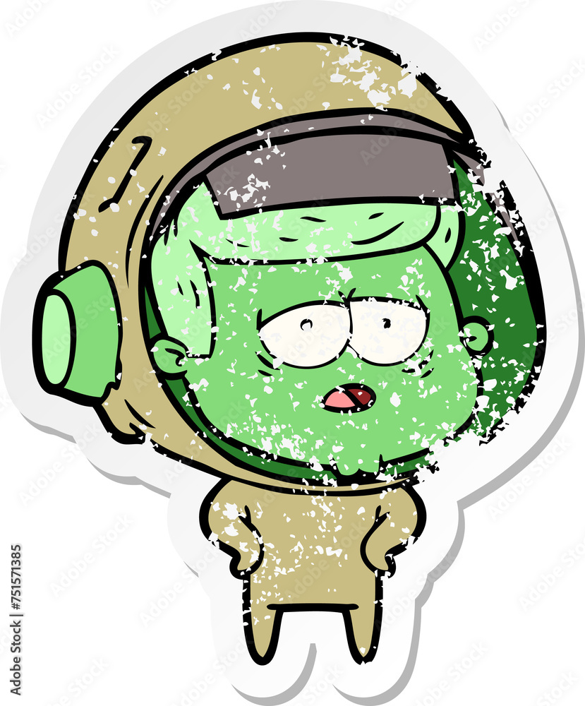 distressed sticker of a cartoon tired astronaut distressed sticker of a cartoon tired astronaut