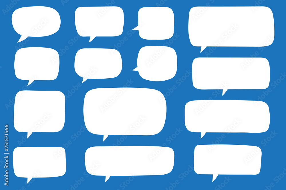 Set of hand drawn speech bubbles in rectangular shape. Speak bubble for text, cartoon chatting box, message box. Blank empty white speech bubbles. Set of hand drawn speech bubbles in rectangular shape. Speak bubble for text, cartoon chatting box, message box. Blank empty white speech bubbles.