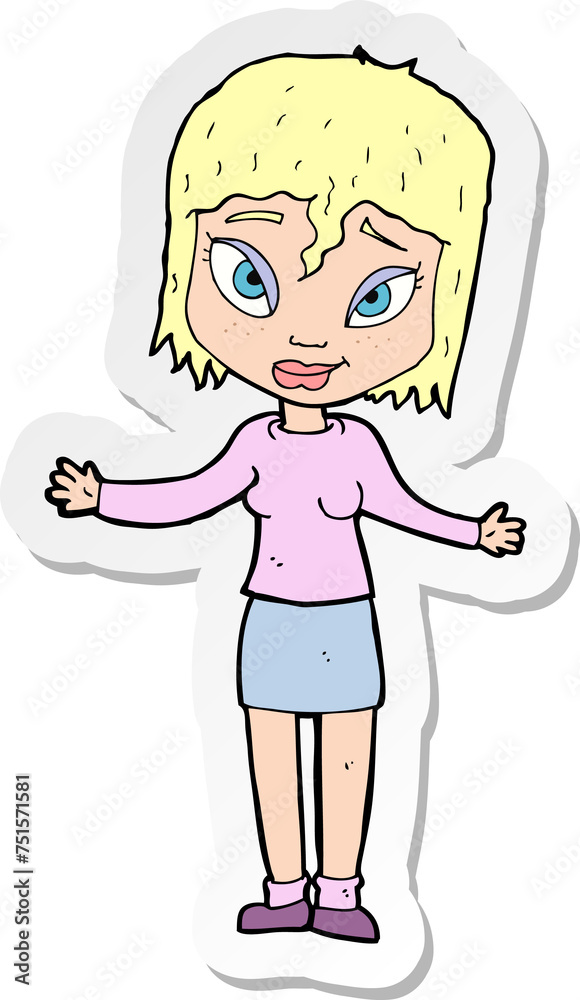 sticker of a cartoon woman shrugging shoulders