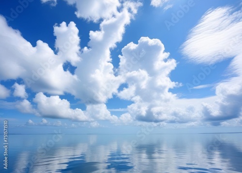 blue sky with white cloud background, the clouds and sky reflect on the calm sea surface