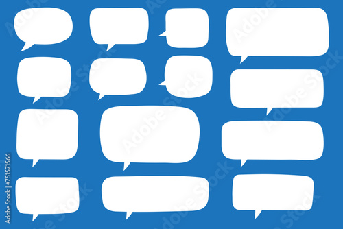 Set of hand drawn speech bubbles in rectangular shape. Speak bubble for text, cartoon chatting box, message box. Blank empty white speech bubbles.