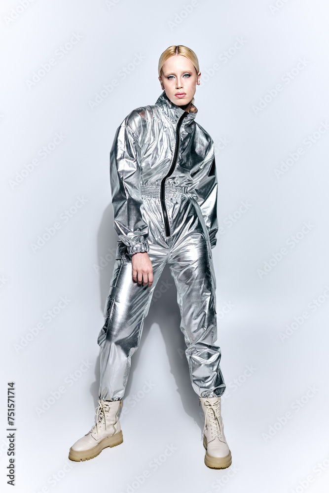 attractive bizarre woman in futuristic silver attire posing on gray backdrop and looking at camera attractive bizarre woman in futuristic silver attire posing on gray backdrop and looking at camera