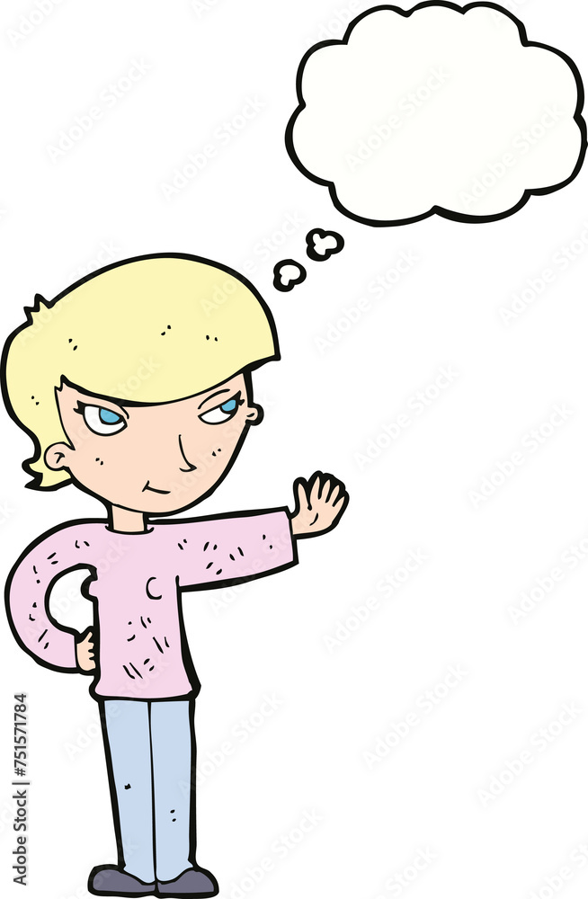 cartoon woman waving with thought bubble cartoon woman waving with thought bubble
