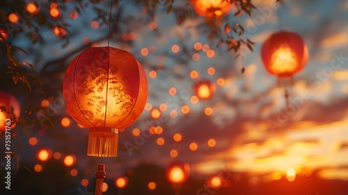 Enchanting evening sky adorned with glowing chinese lanterns. tranquil, festive twilight ambiance. perfect for cultural celebrations backgrounds. AI