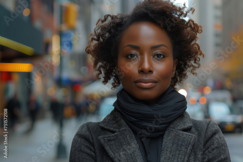 Portrait of a beautiful dark-skinned businesswoman against a street backdrop