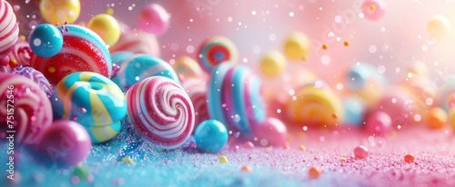 Dreamy candy landscape with a blend of swirling lollipops and glitter on a blue background. © BackgroundWorld