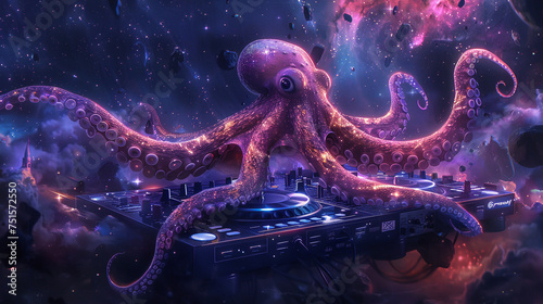 A squid DJ spins galactic beats at a space party, its tentacles expertly mixing tracks on a holographic turntable, as starlight dances to the rhythm of the universe
