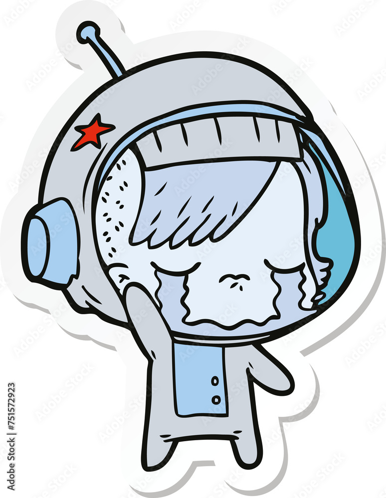 sticker of a cartoon crying astronaut girl waving goodbye sticker of a cartoon crying astronaut girl waving goodbye