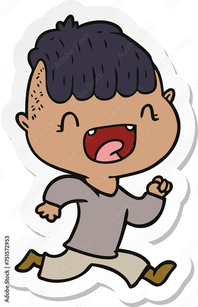 sticker of a cartoon happy boy laughing and running away sticker of a cartoon happy boy laughing and running away