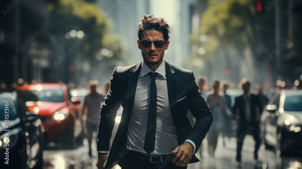 Obraz premium attractive young manager man in a black suit and sunglasses hurries to a meeting, city bustle in the background