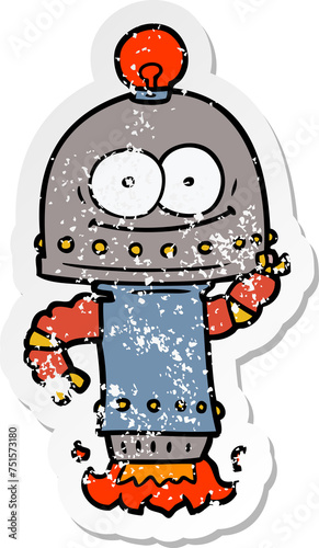 distressed sticker of a happy carton robot with light bulb