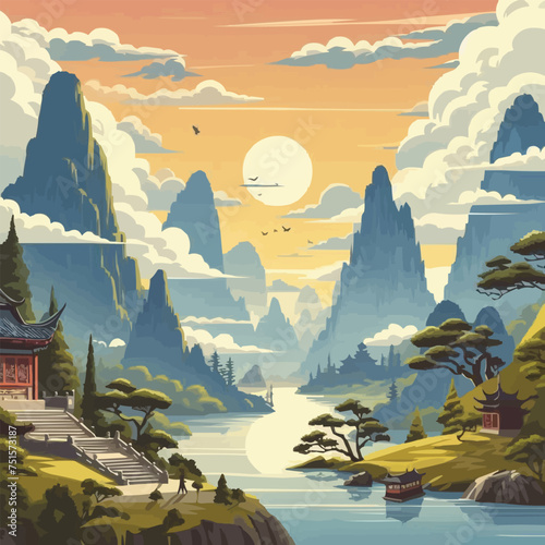 free vector Chinese scenery landscape mountain outdoors.
