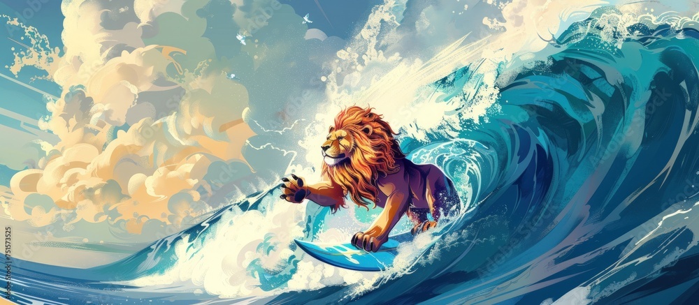 An attractive poster with an illustration of a cartoon lion character ruling the waves, conveying the impression of adventure and courage in the vast ocean. - obrazy, fototapety, plakaty 