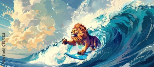 An attractive poster with an illustration of a cartoon lion character ruling the waves, conveying the impression of adventure and courage in the vast ocean. photo