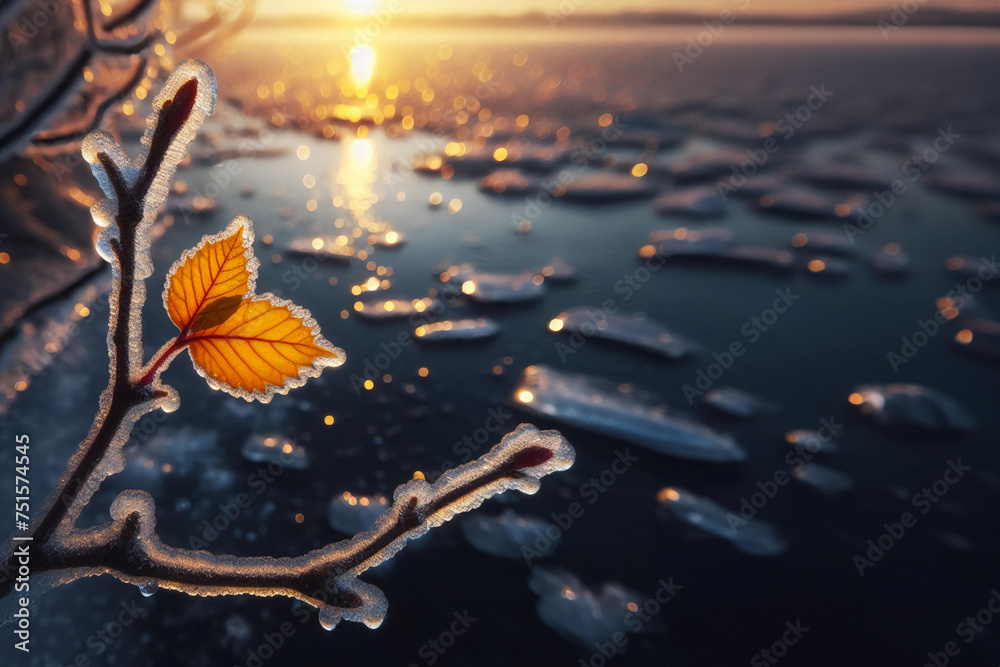 A lone yellow leaf hangs from a branch covered in ice A lone yellow leaf hangs from a branch covered in ice