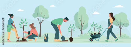 Environmental care horizontal poster. People planting trees, seedlings in city park. Environmental care and volunteerism concept. Engage for a greener future. Flat cartoon vector illustration