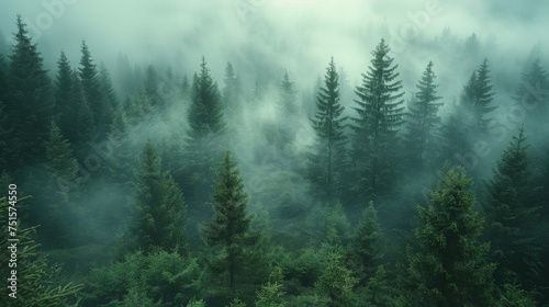Misty foggy mountain landscape with fir forest and copyspace in vintage retro hipster style. photo