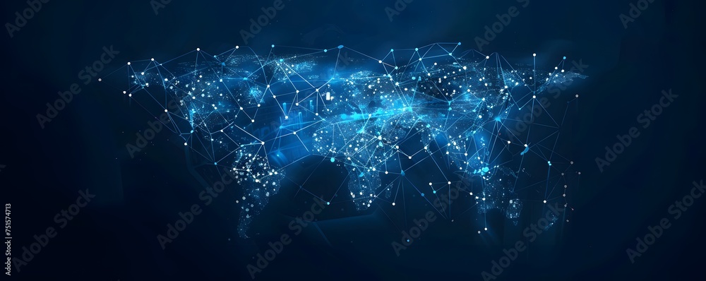 Abstract digital world map, concept of global networks and connectivity, information exchange and telecommunications - obrazy, fototapety, plakaty 