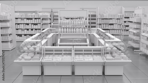 Grocery store mockup with fridges and racks of blank goods. 3d illustration photo