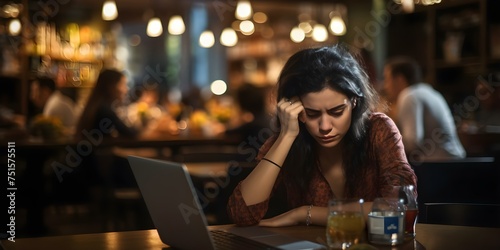 Frustrated woman struggles with laptop issues while in a bustling bar. Concept Technology Problems, Frustration, Busy Environment, Working Remotely, Communication Challenges