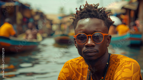 Portrait of a young black african man in yellow shirt and orange glasses on the background of the river in Lagos, Nigeria. photo