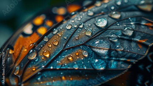 Macro Image of Feather with Water Droplets and Golden Sunlight Bokeh