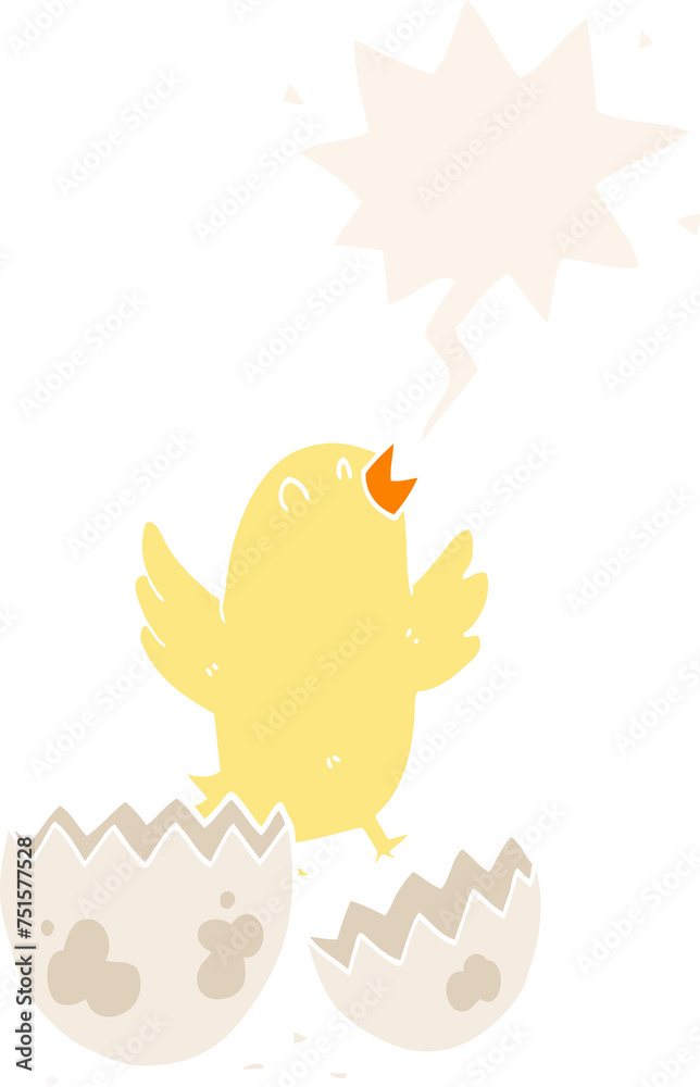 cartoon bird hatching from egg and speech bubble in retro style