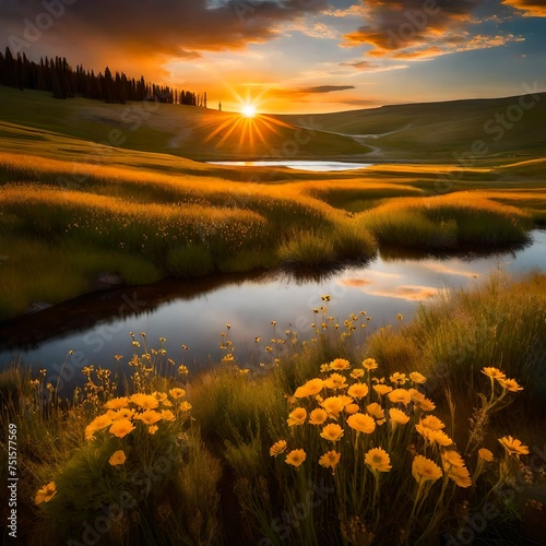 A hillside of wildflowers in the Hayden Valley with sunset reflected in the Yellowstone River in Yellowstone National Park, Wyoming. photo