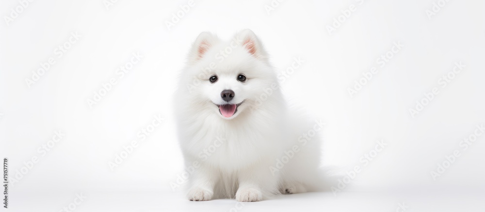 A small white dog is sitting on top of a white floor, contrasting against the clean background. The dogs fluffy fur adds a soft texture to the scene.