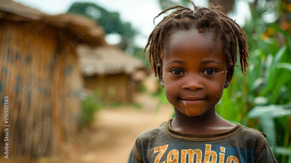 Portrait of a beautiful little African girl in Zambia. - obrazy, fototapety, plakaty 