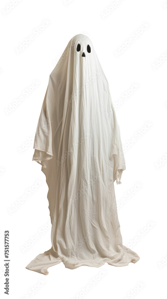 A ghostly figure with a skull on its head is draped in a white sheet Isolated on transparent background, PNG