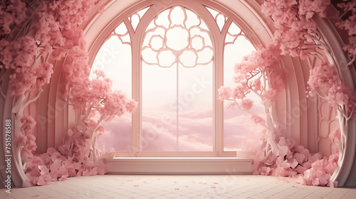 pink floral 3d background, in the style of dreamlike architecture, lightbox, arched doorways © sirisak