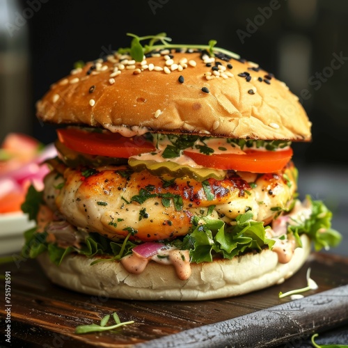 Appetizing chicken burger with lettuce, tomato and pickled cucumber with sauce.