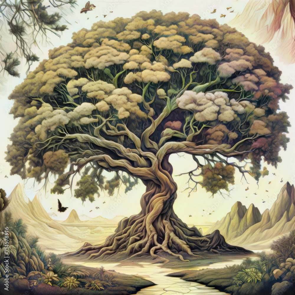 Obraz premium Illustration, plants, trees, green, art, painting