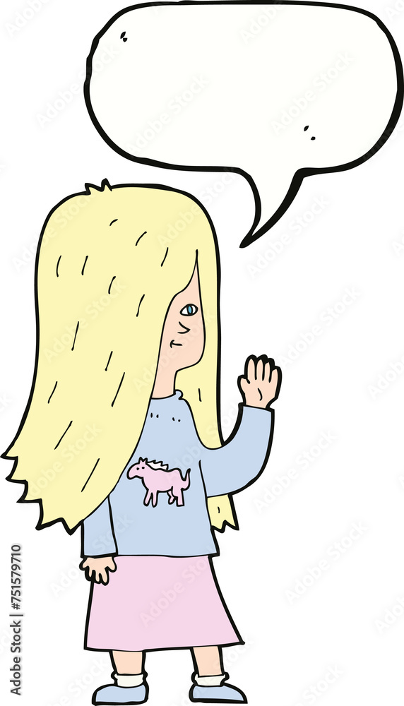cartoon girl with pony shirt waving with speech bubble cartoon girl with pony shirt waving with speech bubble