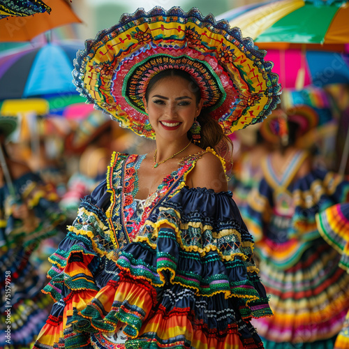 Dancers of typical Mexican dances from the region of Veracruz, Mexico, doing their performance in the street adorned with colored umbrellas.ai technology