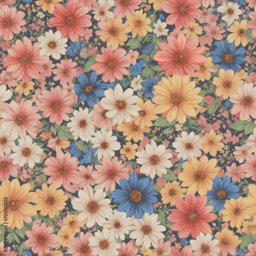 Colorful Flowers Pattern Seamless Texture, Oil Painting Repeat Pattern for Fabric Textile, Publication, Printing, Dress, Skirt, Curtain, Blanket, Garment, Clothes, Gift Paper.