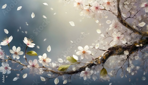 Wiosenne tło z gałązką pokrytą kwiatami i płatkami kwiatów wirującymi na wietrze